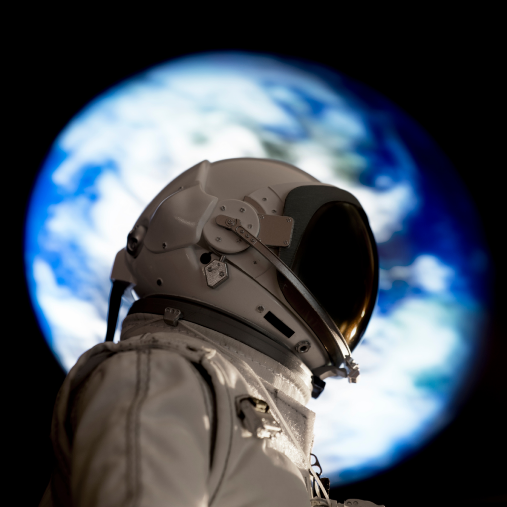 An astronaut in space reflecting on leadership.