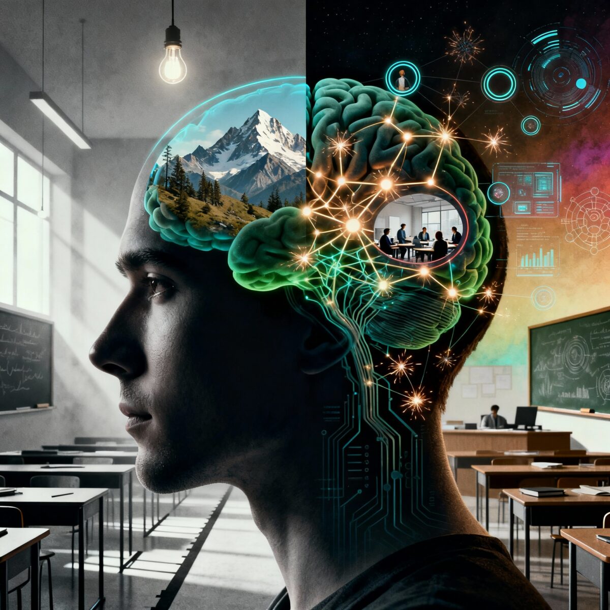 Illustration of a man's profile with mountains, glowing connections and a meeting scene inside his brain