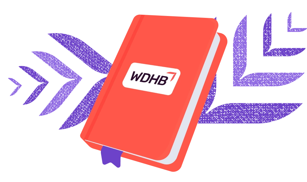 An illustration of a red notebook with a purple ribbon bookmark and a WDHB label on the cover, set against a background of stylized purple leaf patterns.